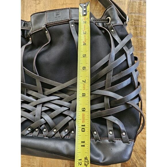 Etienne Aigner Black Vegan Leather Basket Weave Drawstring Hobo Bag Moto - Picture 11 of 11
